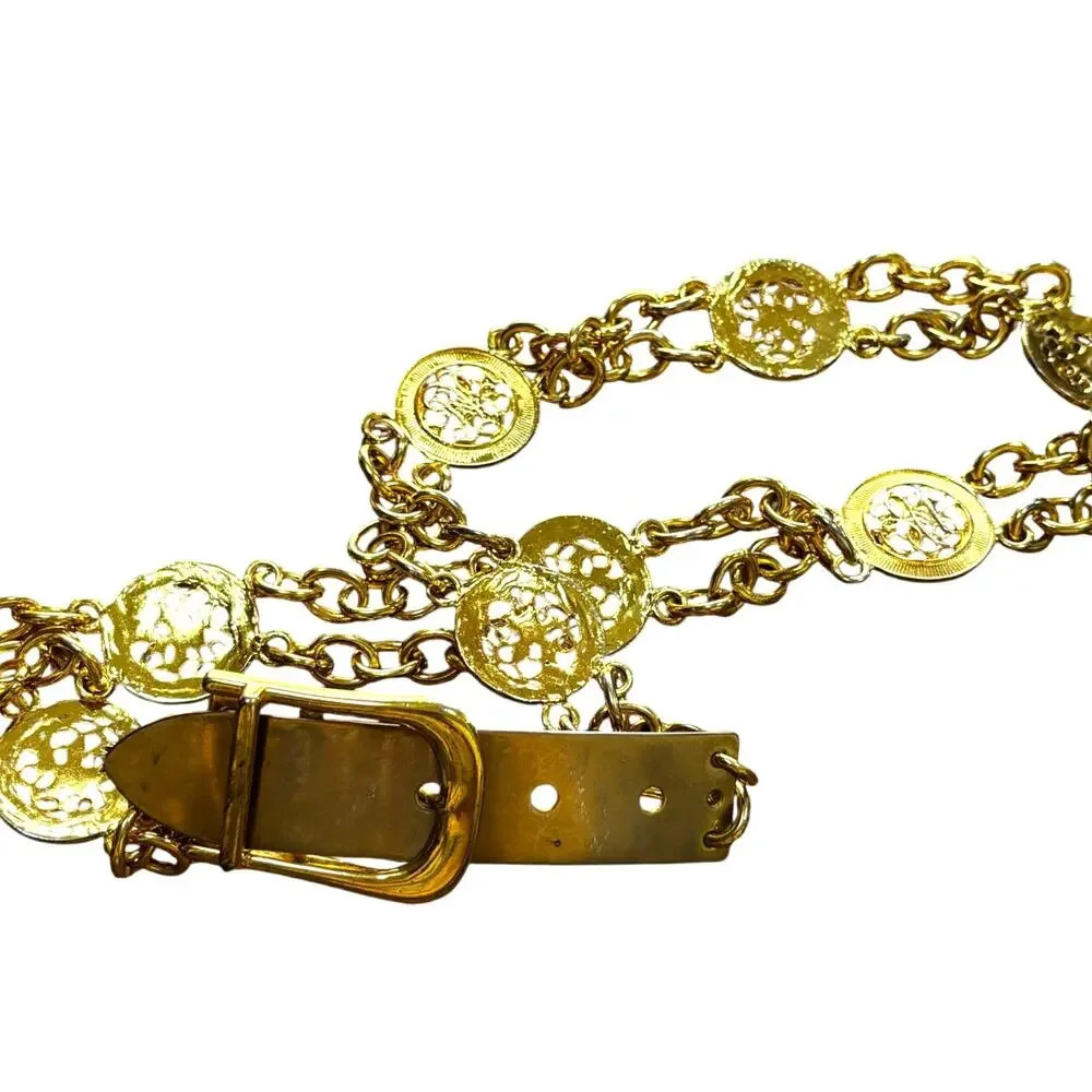 Vintage 1980's chunky gold double chain belt O/S station links textured disks